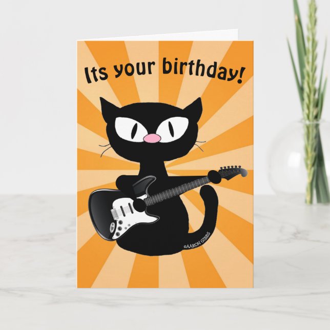Cartão de Aniversário - Gato de Cartoon Preto Rock (Frente)