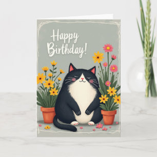 Cartão de Aniversário Gato Sereno com Flores