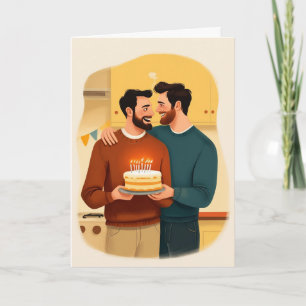 Cartão de Aniversário Gay — Dois Homens com Bolo e