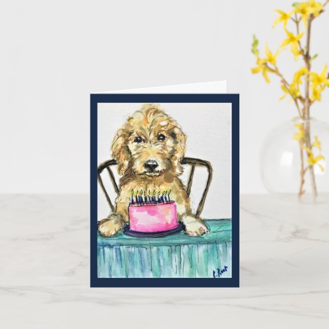 Cartão de Aniversário Goldendoodle (Flor Amarela)