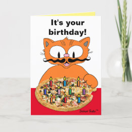 Cartão de Aniversário Humorístico Bigode Gato Pizz