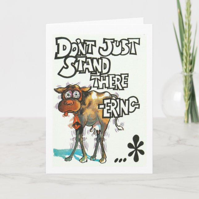 Cartão de aniversário, humorístico, com vaca frági (Frente)