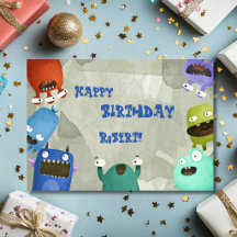 Cartão de aniversário infantil Monstros Feliz Aniv