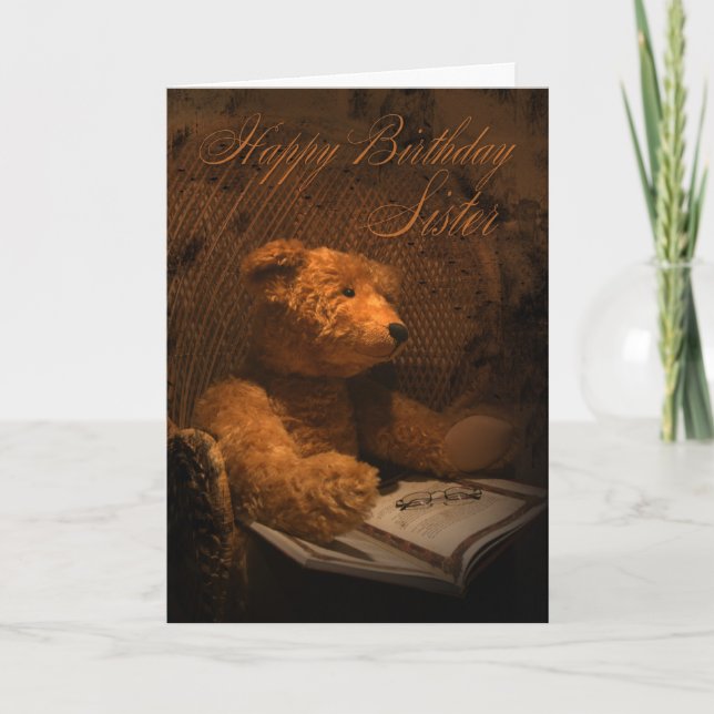 Cartão De Aniversário Irmã Com Urso De Teddy Lendo (Frente)