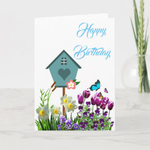 Cartão de Aniversário Jardim de Flores Borboleta