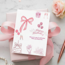 Cartão de Aniversário Laço Rosa Elegante e Balões