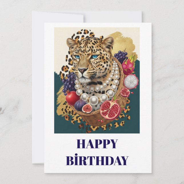 Cartão de Aniversário Leopardo Eclético com Pérola (Frente)