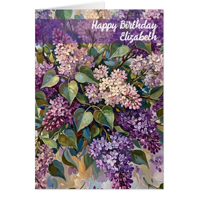 Cartão de Aniversário Lilases Feliz (Frente)