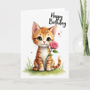 Cartão de Aniversário Listrado de Gato Rosa Doce