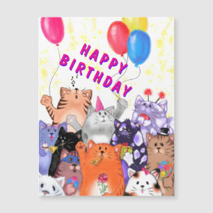 Cartão de Aniversário Magnético com Festa de Gato