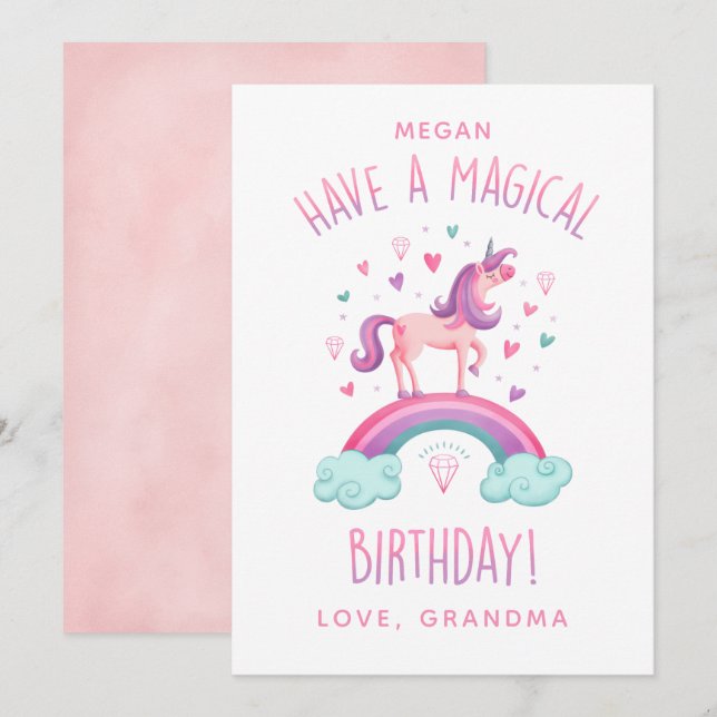 Cartão de Aniversário Magnético Rainbow Unicorn Gi (Frente/Verso)