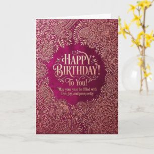 Cartão de Aniversário Mandala Gold Burgundy Boho