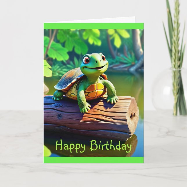 Cartão de Aniversário Médio Feliz Turtle (Frente)