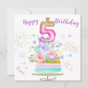 Cartão de Aniversário Menina 5 Anos Dourado Rosa R
