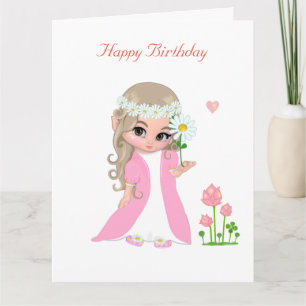 Cartão de Aniversário Menina Fada Fofa com Flor