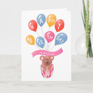Cartão de Aniversário Menina Ursinho Balões Rosa