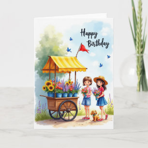 Cartão de Aniversário Meninas com Carrinho de Flor