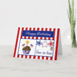 Cartão de aniversário militar do genro<br><div class="desc">Este cartão de aniversário patriótico fará seu sorriso militar do genro. Este cartão colorido caracteriza um fundo listrado vermelho e branco, o cupcake do chocolate com estrelas, bandeiras americanas, um coração da bandeira e uma vela, umas estrelas do vermelho, as brancas & as azuis, um Tag de cão gravado com...</div>