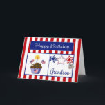 Cartão de aniversário militar do neto<br><div class="desc">Este cartão de aniversário patriótico fará seu neto militar sorrir. Este cartão colorido caracteriza um fundo listrado vermelho e branco, o cupcake do chocolate com estrelas, bandeiras americanas, um coração da bandeira e uma vela, umas estrelas do vermelho, as brancas & as azuis, um Tag de cão gravado com os...</div>