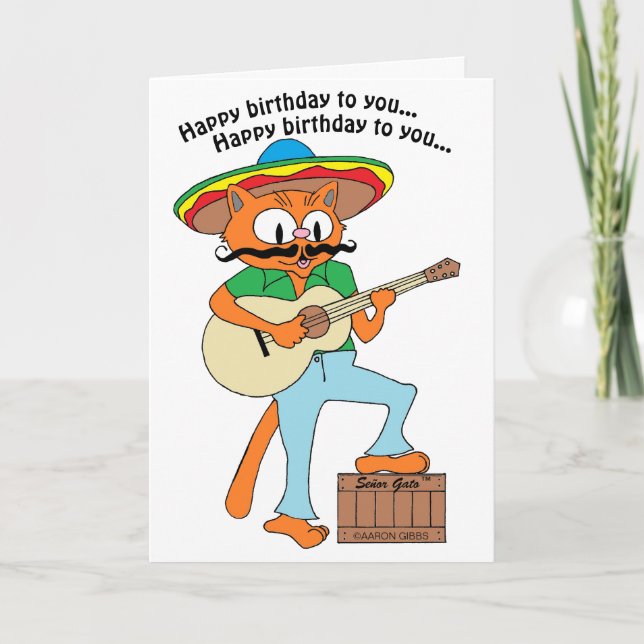 Cartão de Aniversário Música Feliz Gato Fiesta Des (Frente)