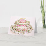 Cartão de aniversário para a irmã<br><div class="desc">Uma imagem do vintage mostra um bolo branco muito bonito com algumas velas cor-de-rosa. Ele identificação decorada com margaridas e outras flores. É muito simples e olha boa.</div>