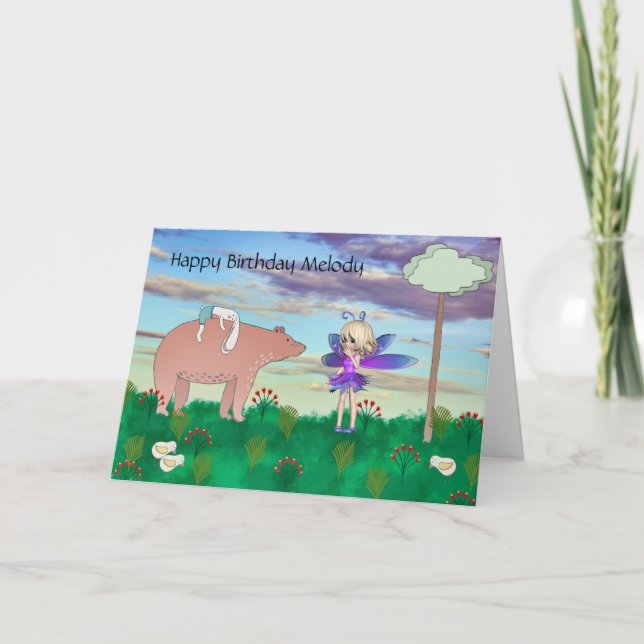 Cartão de Aniversário para Criança com Urso e Fada (Frente)