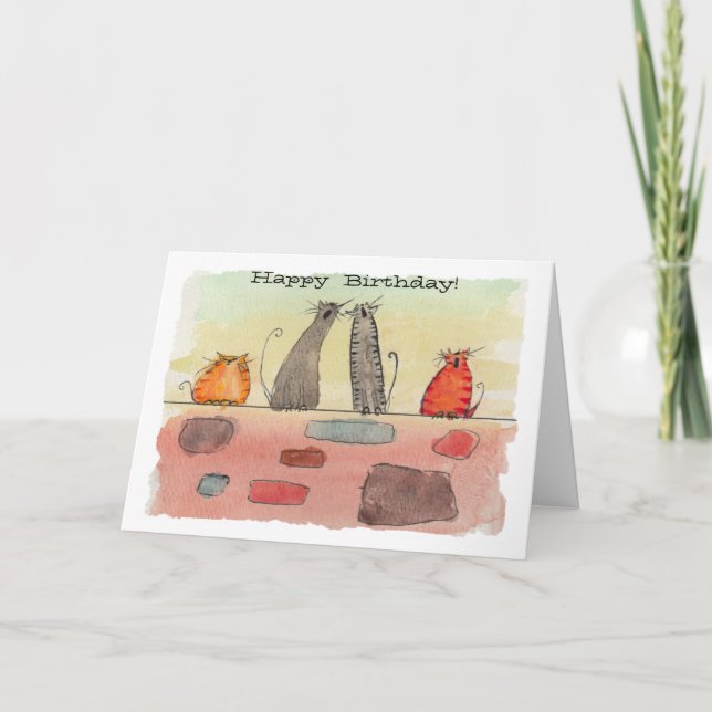 Cartão de Aniversário para Gatos de Beco Aquarela (Frente)