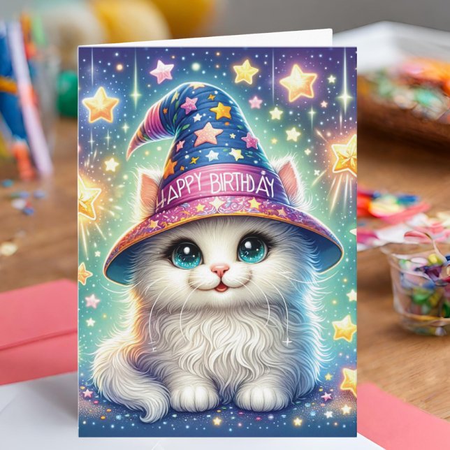 Cartão de Aniversário para Gatos Magnéticos (Birthday card with a cute cat in a wizard hat.)