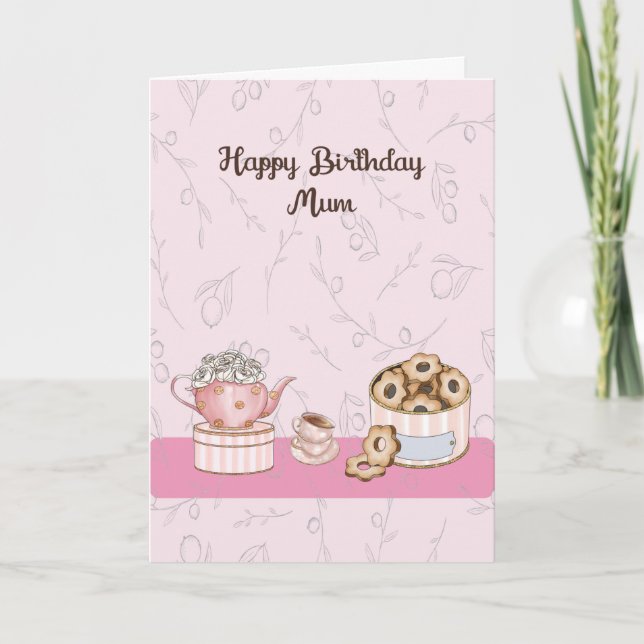 Cartão de aniversário para Mãe com chá e tapetes (Frente)