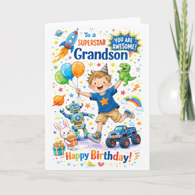 Cartão de Aniversário para Neto Superstar (Frente)