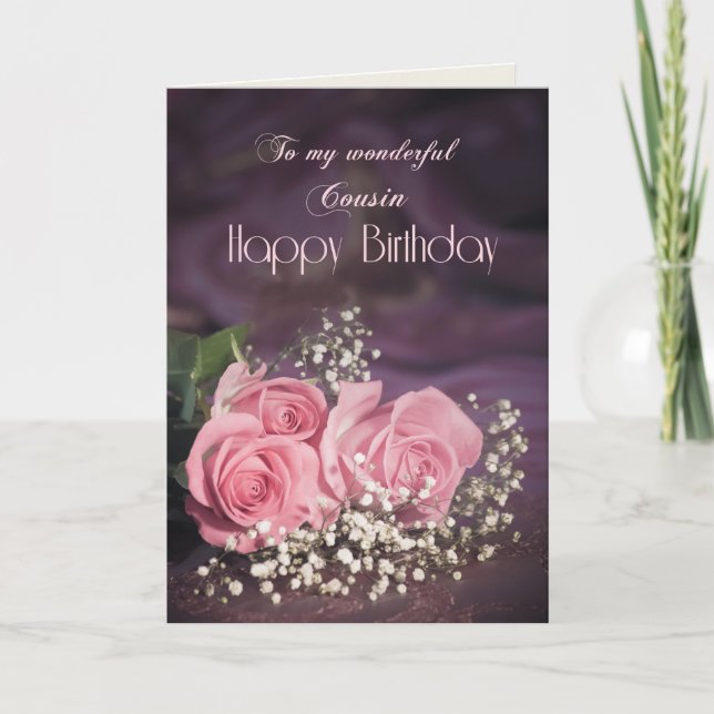 Cartão de aniversário para primo com rosas rosa (Frente)