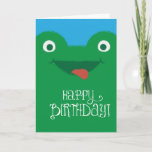 Cartão de aniversário parvo bonito do sapo<br><div class="desc">Ilustração bonito e engraçada do sapo verde com fundo azul e "texto de encantamento do feliz aniversario".</div>