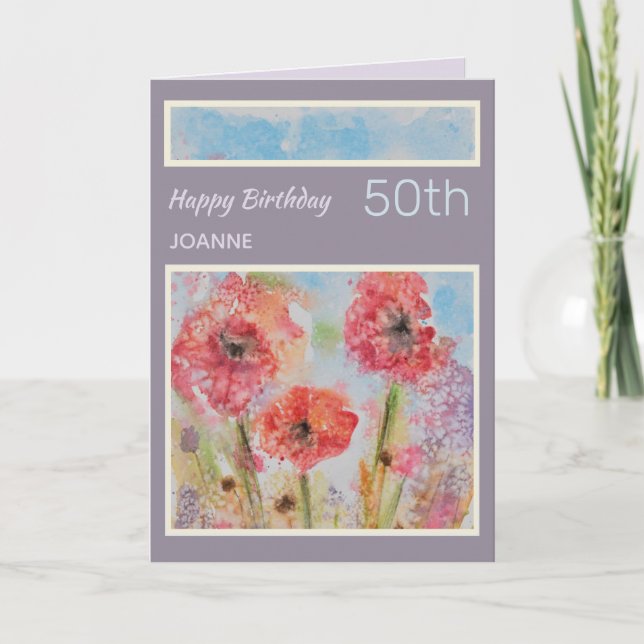 Cartão de Aniversário Personalizado de 50ª Flores  (Frente)