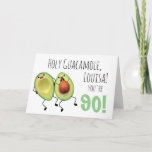 Cartão de Aniversário Personalizado de 90 de Santo<br><div class="desc">Celebre o nono aniversário de alguém com um pouco de humor com este design de "Santo Guacamole". Este casal de abacate é emparelhado com texto que pode ser personalizado para o destinatário pretendido; apenas mude a idade e o nome e você está pronto. Além disso, as fontes também podem ser...</div>