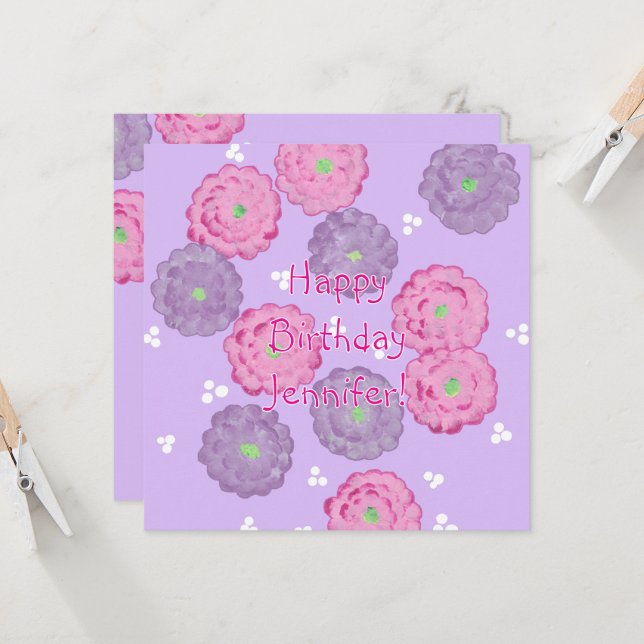 Cartão de Aniversário Personalizado de Flores Rosa (Frente/Verso In Situ)