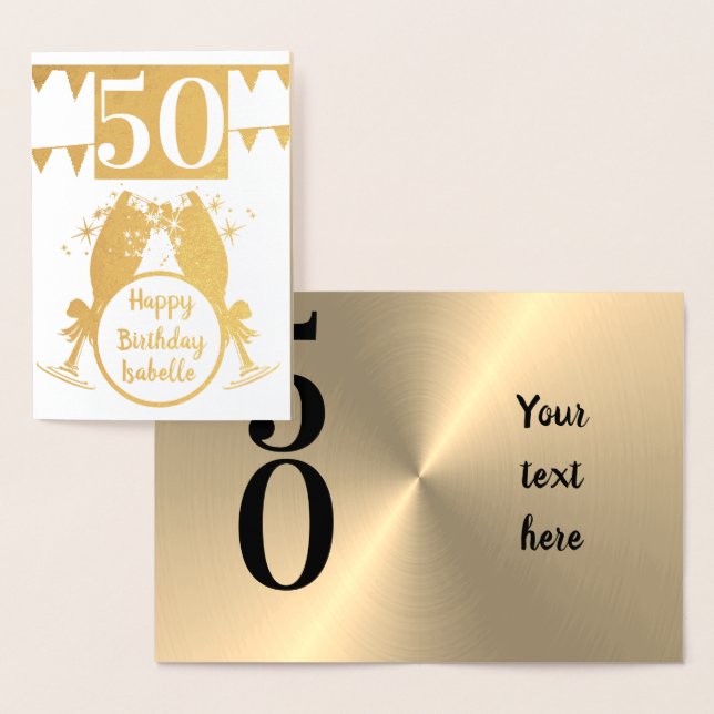 Cartão de aniversário personalizado Dourado 50º (Exibição)