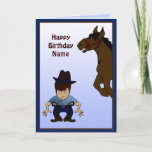 Cartão de Aniversário Personalizado para Crianças<br><div class="desc">Uma ilustração gráfica de um cowboy e cavalo num cartão de aniversário personalizado.  O cartão tem modelos de texto para sua personalização.</div>