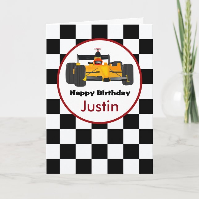 Cartão de Aniversário Personalizado Race Car (Frente)
