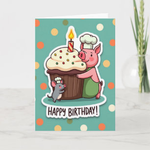 Cartão de Aniversário Porco Rosado