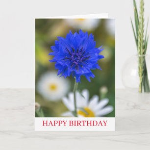 Cartão de aniversário próximo à flor azul