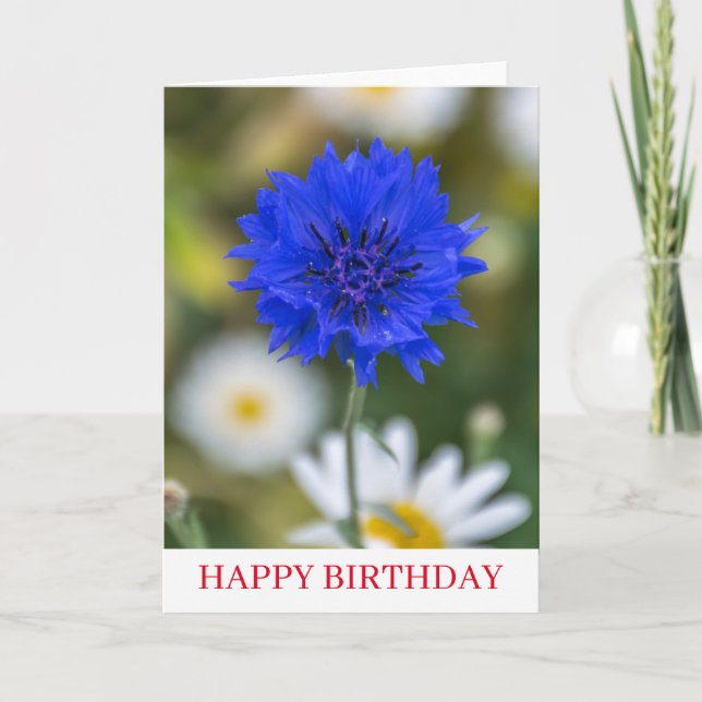 Cartão de aniversário próximo à flor azul (Frente)