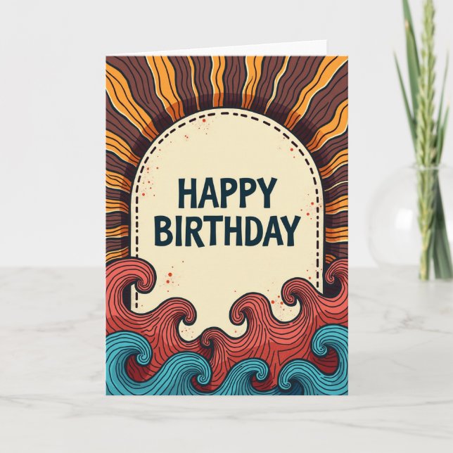 Cartão de Aniversário Retro com Ondas (Frente)