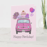 Cartão de Aniversário Retro Cor-de-Rosa Fiat 500