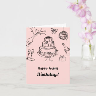 Cartão de Aniversário Rosa com um Bolo de Aniversá