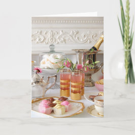Cartão de Aniversário Rosa e Dourado, Chá Inglês,