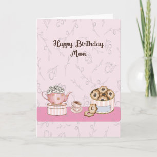 Cartão de aniversário rosa para mamãe com chá