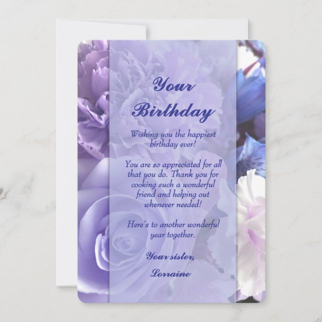 Cartão de Aniversário Rosa Violeta Azul (Frente)