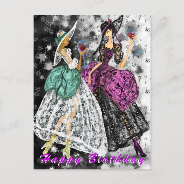 Cartão de Aniversário Senhoras Modernas Bebendo Vi (Frente)