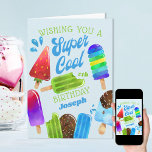 Cartão de Aniversário Super Legal do Menino da Ida<br><div class="desc">Cartão de Aniversário Personalizado para um rapaz especial. Este design colorido apresenta picolés de aquarela e sorvetes de chocolate mergulhados em paus. O texto diz "desejando-lhe um super legal #th aniversário [nome]" em tipografia química e letras retrógradas à mão. O modelo está configurado para você personalizar com qualquer dentro de...</div>