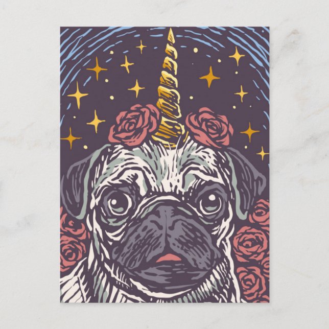 Cartão de Aniversário Unicórnio Pug (Frente)